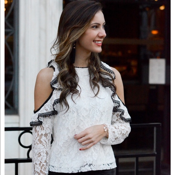 Honey & t Tops - Boutique White Lace Cold Shoulder Blouse
